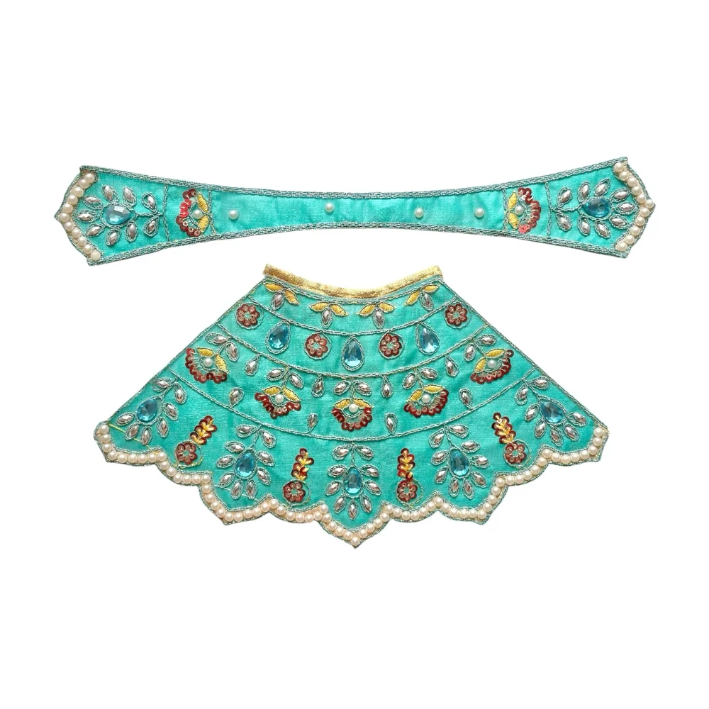 Premium designer Aqua Blue satin Mata Rani lehenga patka poshak featuring Aqua Blue stone work, pearl detailing, golden zari embroidery, floral hand embroidery and pearl lace border for Durga Mata idol.