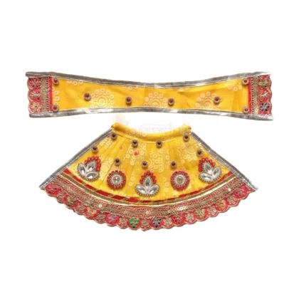 Premium Designer Yellow Bandhej Satin Mata Rani Lehenga Patka Poshak with Traditional Bandhej Print, Sequins, Mirror, Stone and Floral Embroidery Work for Mata Rani Idol Shringar