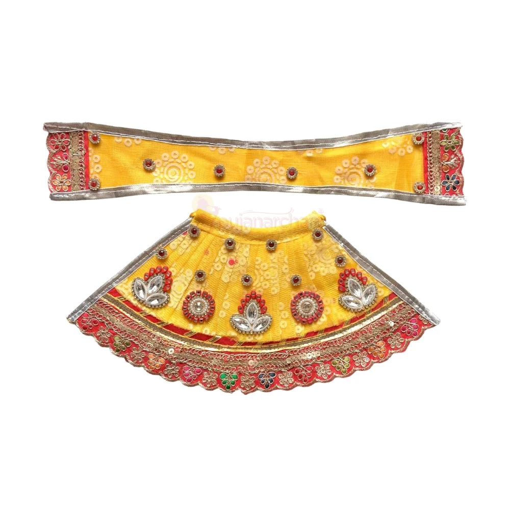Premium Designer Yellow Bandhej Satin Mata Rani Lehenga Patka Poshak with Traditional Bandhej Print, Sequins, Mirror, Stone and Floral Embroidery Work for Mata Rani Idol Shringar