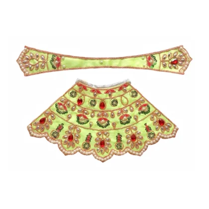 Premium designer Pista Green satin Mata Rani lehenga patka poshak featuring red stone work, pearl detailing, golden zari embroidery, floral hand embroidery and pearl lace border for Durga Mata idol.