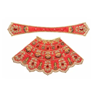 Premium designer red satin Mata Rani lehenga patka poshak featuring red stone work, pearl detailing, golden zari embroidery, floral hand embroidery and pearl lace border for Durga Mata idol.