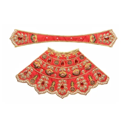 Premium designer red satin Mata Rani lehenga patka poshak featuring red stone work, pearl detailing, golden zari embroidery, floral hand embroidery and pearl lace border for Durga Mata idol.