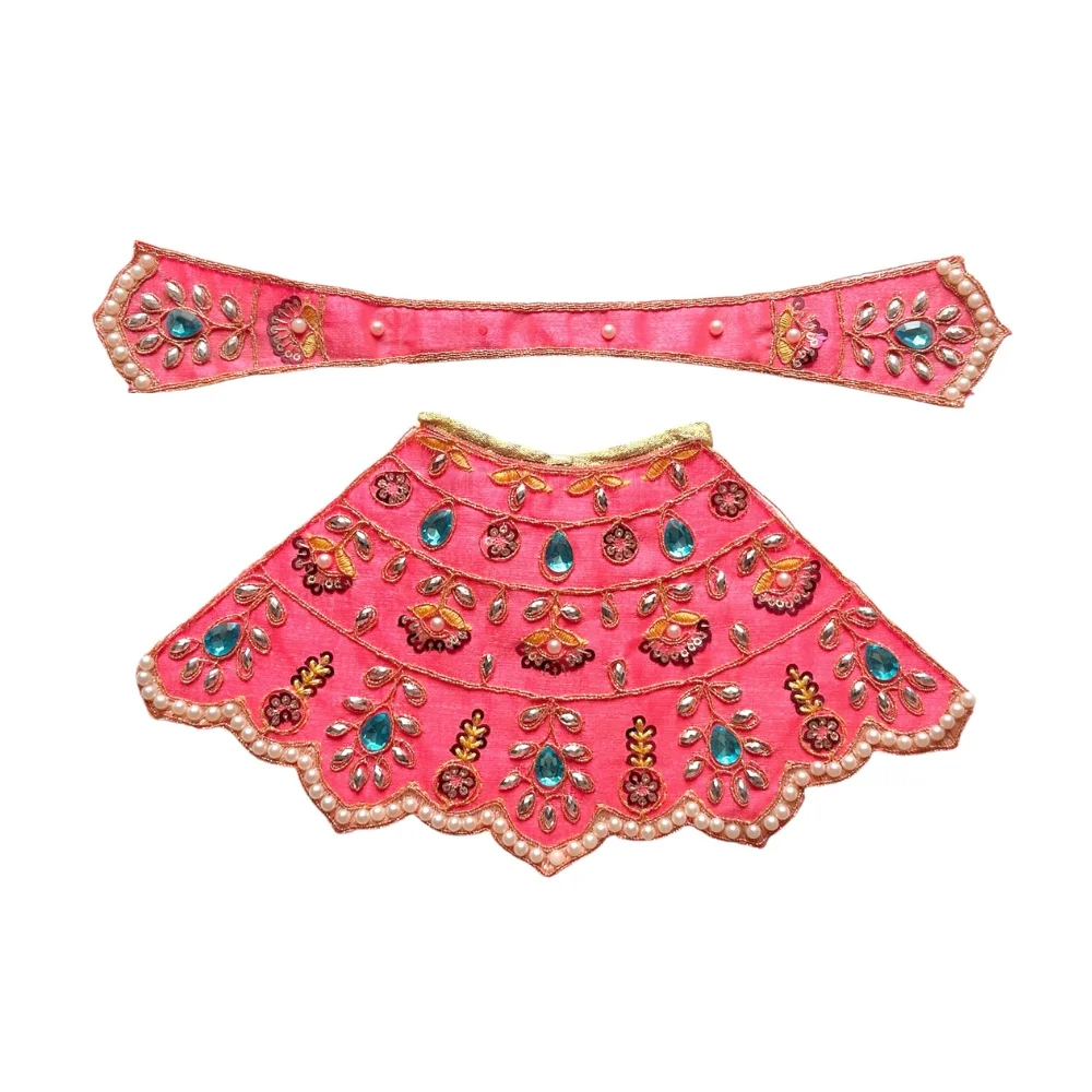 Premium designer Brink Pink satin Mata Rani lehenga patka poshak featuring Aqua Blue stone work, pearl detailing, golden zari embroidery, floral hand embroidery and pearl lace border for Durga Mata idol.
