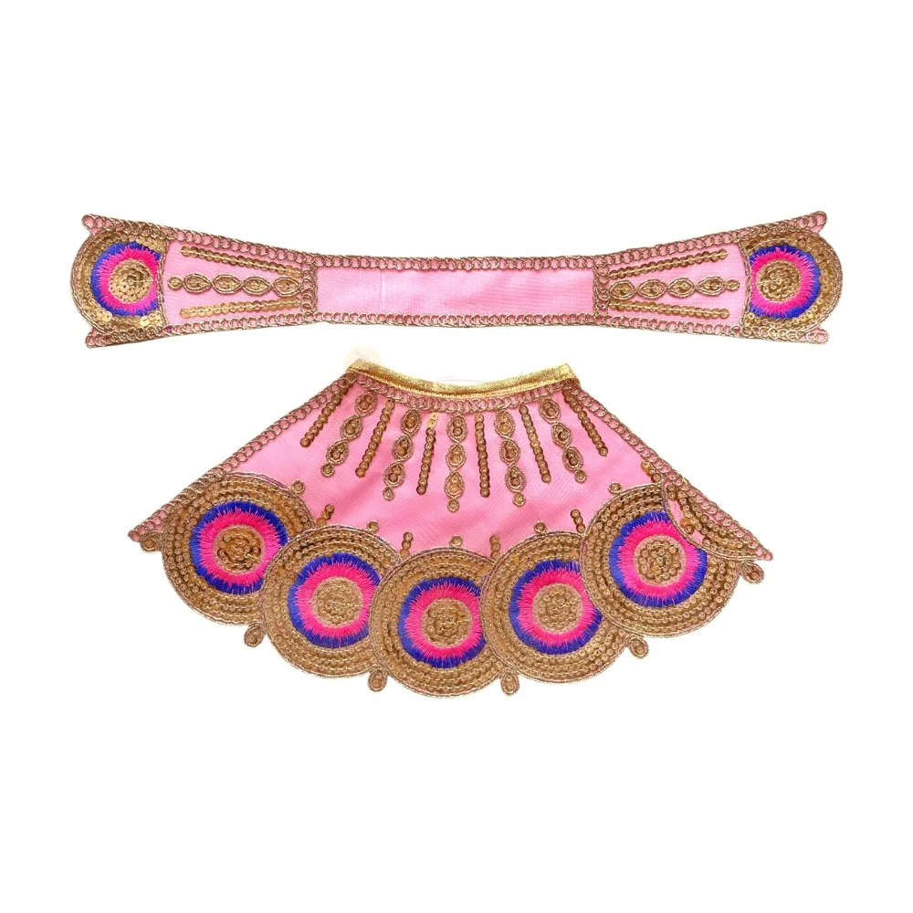 Premium Designer Baby Pink Satin Mata Rani Lehenga Patka Poshak with Zari Dori Work, Circular Embroidery and Hand Embroidery for Mata Rani Idol Shringar