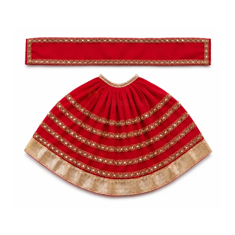 Designer Red Mata Rani Lehenga Patka Poshak with Golden Gota Lace Work for idol shringar and temple decoration