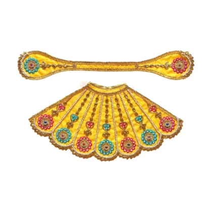 Premium Designer Yellow Satin Mata Rani Lehenga Patka Poshak with Floral Zardosi Work, Pearl Work and Matching Mukut for Mata Rani Idol Shringar