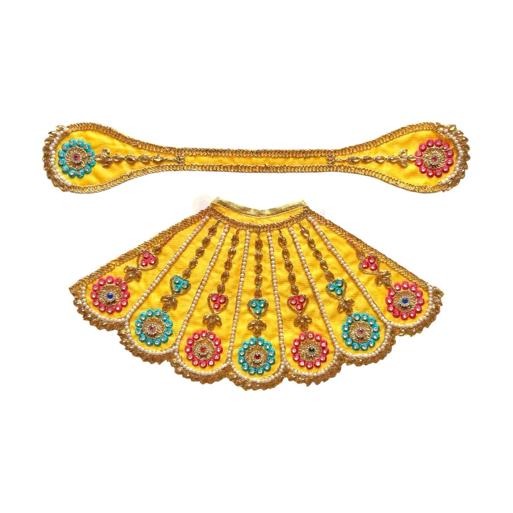 Premium Designer Yellow Satin Mata Rani Lehenga Patka Poshak with Floral Zardosi Work, Pearl Work and Matching Mukut for Mata Rani Idol Shringar
