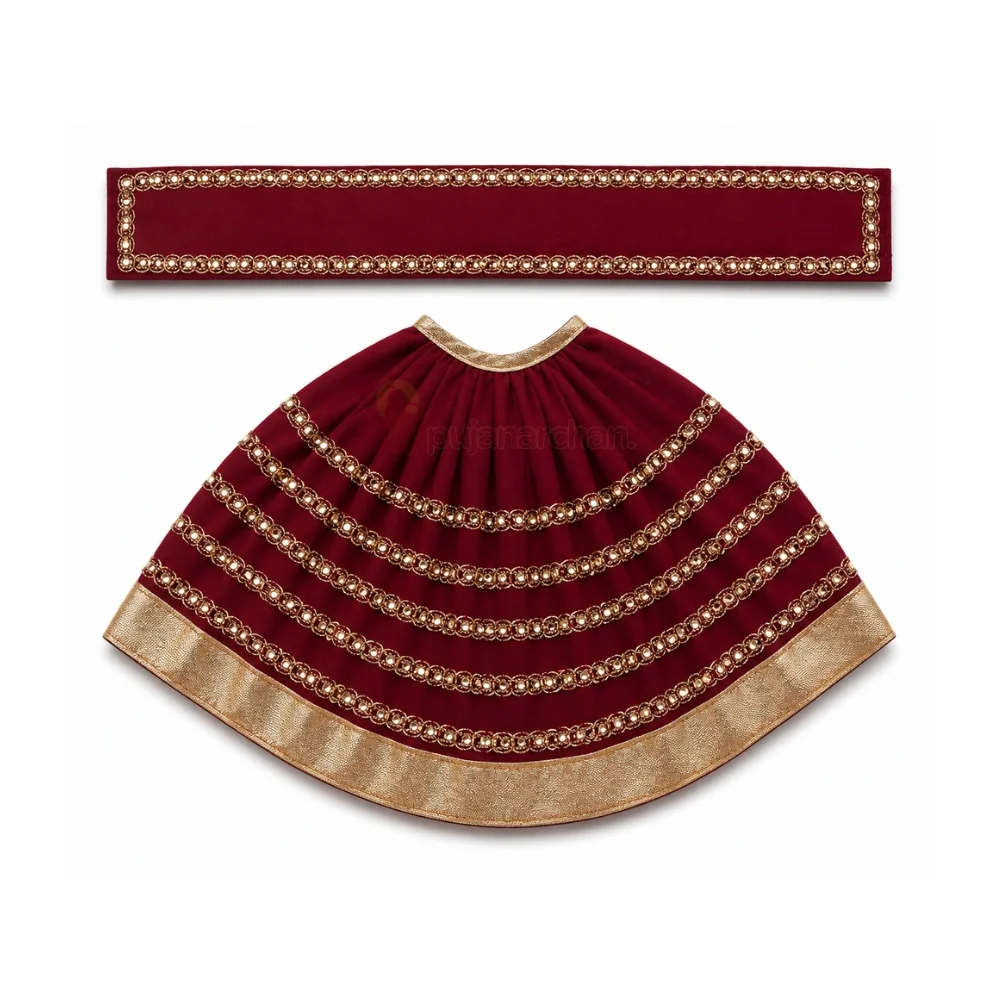 Designer Maroon Mata Rani Lehenga Patka Poshak with Golden Gota Lace Work for idol shringar and temple decoration