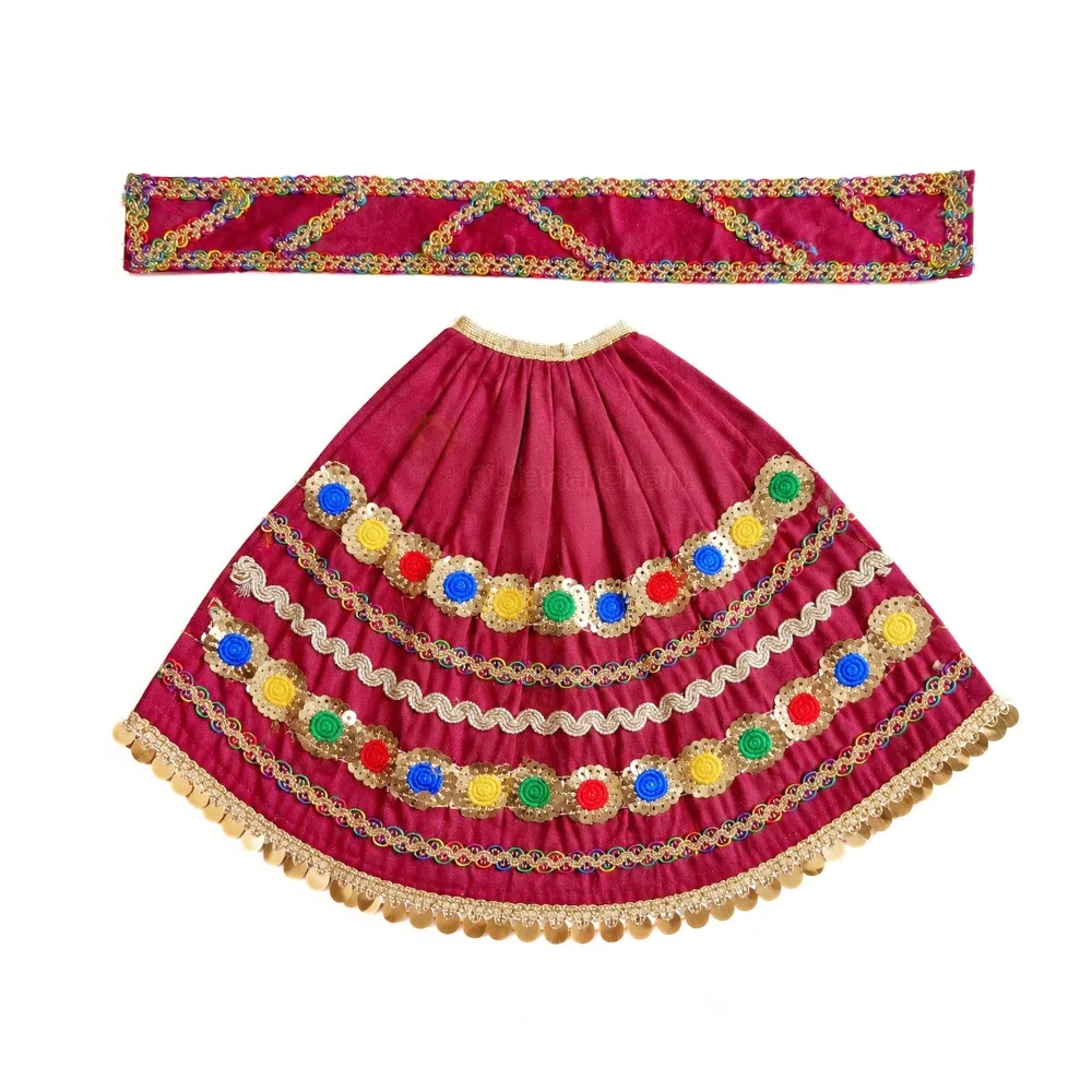Premium Designer Maroon Satin Mata Rani Lehenga Patka Poshak with Multicolor Sequin Flower Work and Golden Coin Lace for Mata Rani Idol Shringar