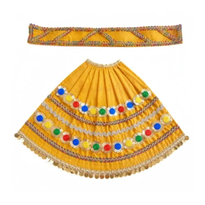 Premium Designer Mustard Yellow Satin Mata Rani Lehenga Patka Poshak with Multicolor Sequin Flower Work and Golden Coin Lace for Mata Rani Idol Shringar