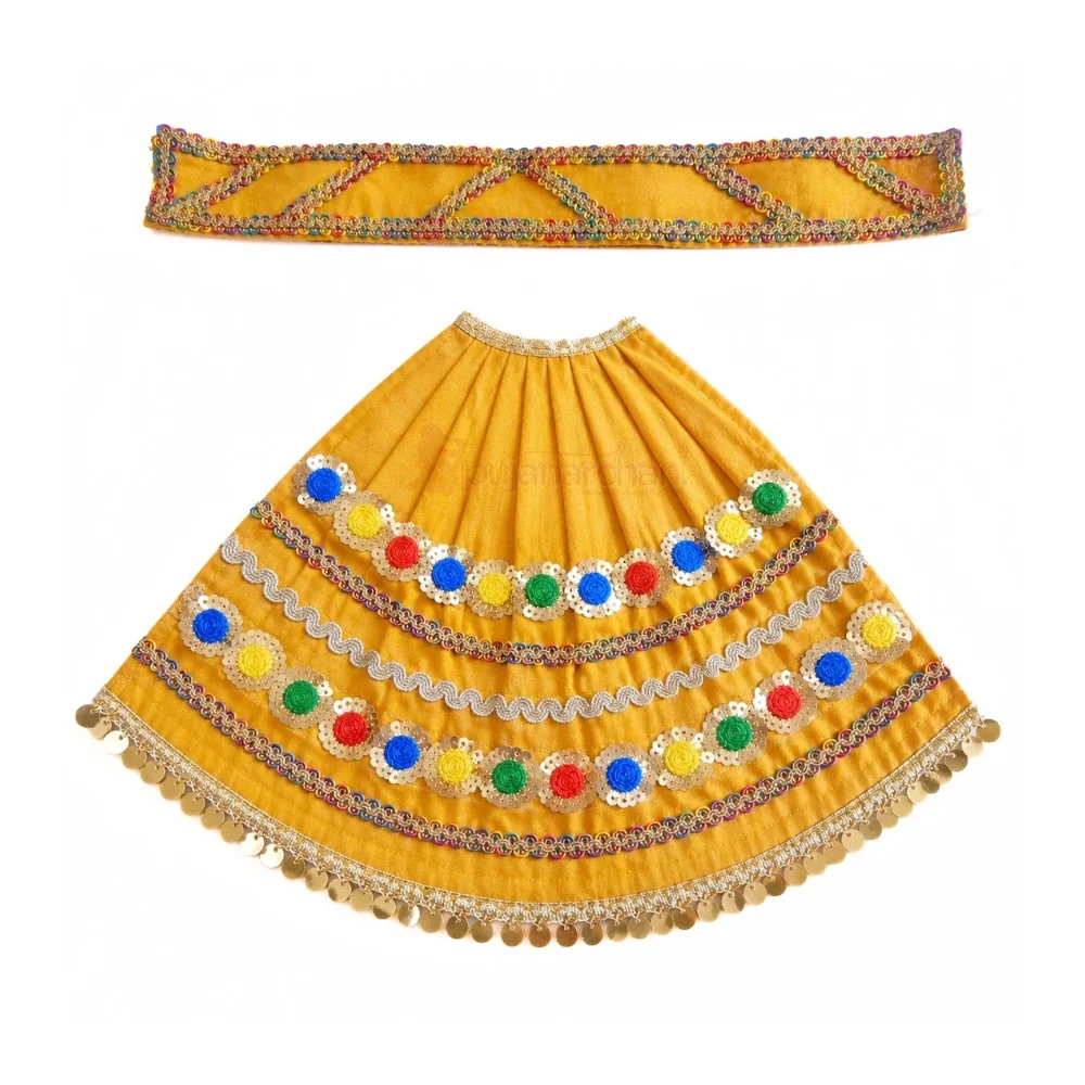 Premium Designer Mustard Yellow Satin Mata Rani Lehenga Patka Poshak with Multicolor Sequin Flower Work and Golden Coin Lace for Mata Rani Idol Shringar