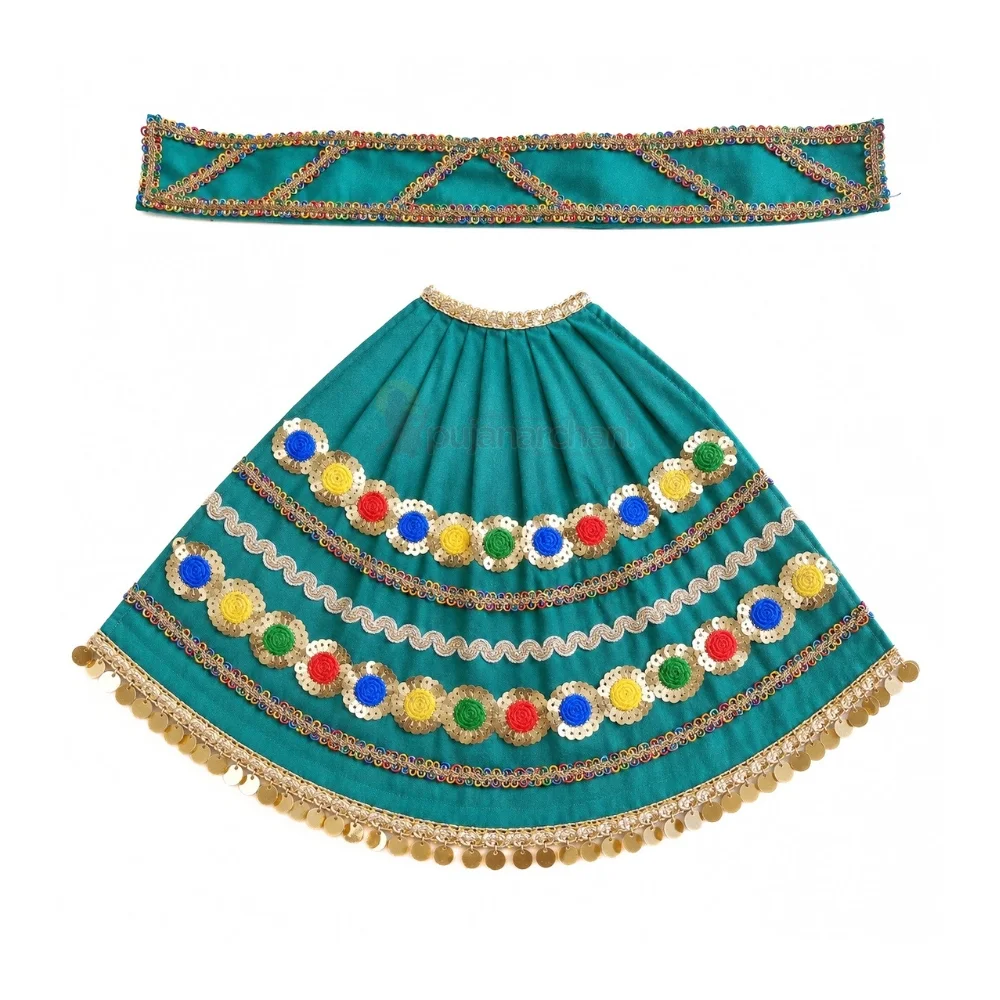 Premium Designer Turquoise Blue Satin Mata Rani Lehenga Patka Poshak with Multicolor Sequin Flower Work and Golden Coin Lace for Mata Rani Idol Shringar