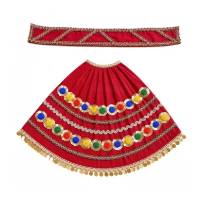 Premium Designer Red Satin Mata Rani Lehenga Patka Poshak with Multicolor Sequin Flower Work and Golden Coin Lace for Mata Rani Idol Shringar