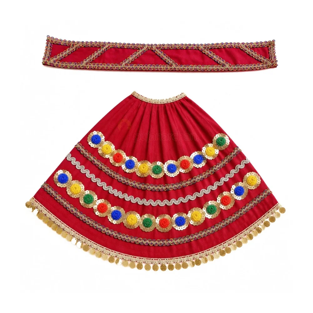 Premium Designer Red Satin Mata Rani Lehenga Patka Poshak with Multicolor Sequin Flower Work and Golden Coin Lace for Mata Rani Idol Shringar