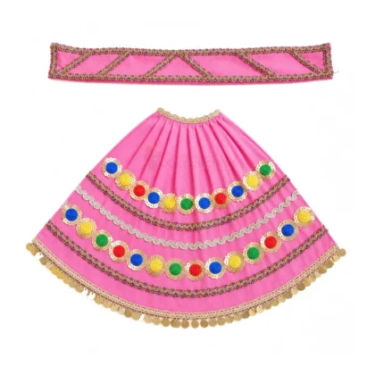 Premium Designer Baby Pink Satin Mata Rani Lehenga Patka Poshak with Multicolor Sequin Flower Work and Golden Coin Lace for Mata Rani Idol Shringar