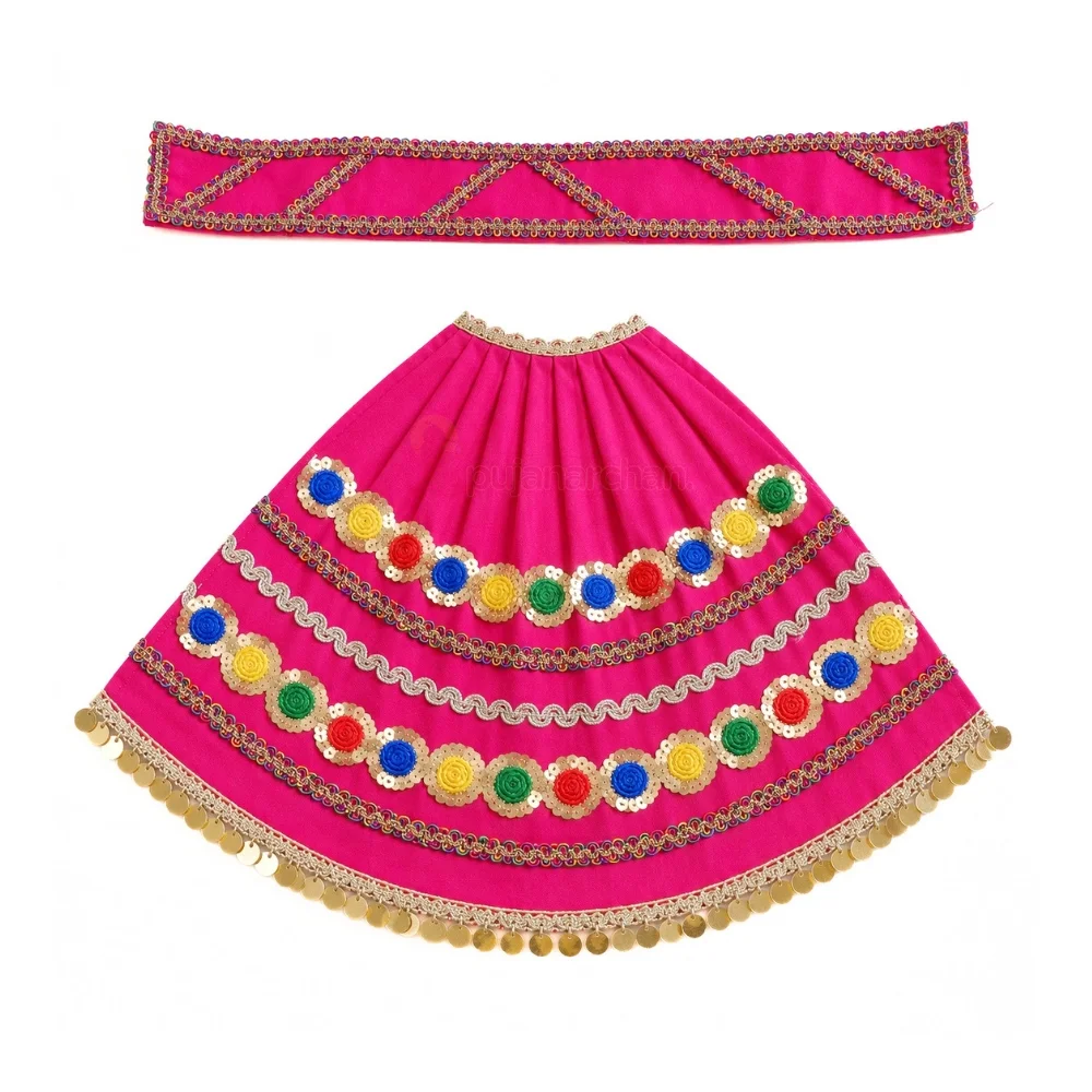 Premium Designer Magenta Satin Mata Rani Lehenga Patka Poshak with Multicolor Sequin Flower Work and Golden Coin Lace for Mata Rani Idol Shringar