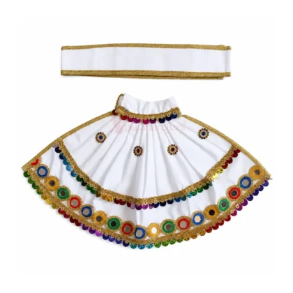 Premium Designer White Satin Mata Rani Lehenga Patka Poshak with Paisley Embroidery and Multicolor Mirror Work for Mata Rani idol shringar