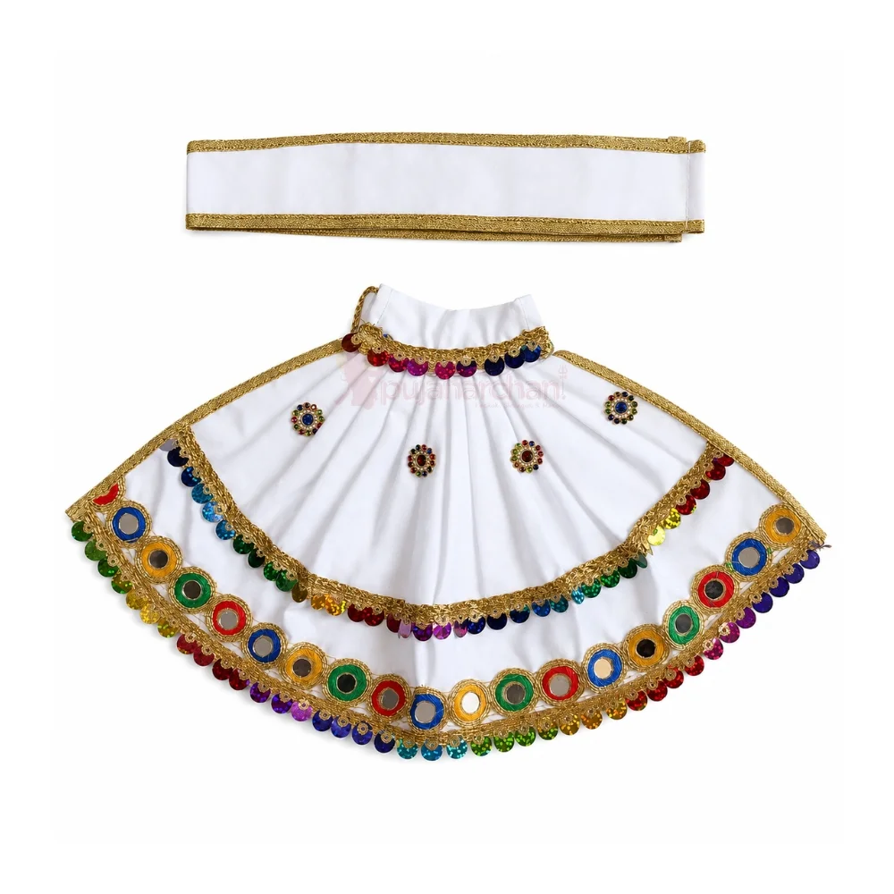 Premium Designer White Satin Mata Rani Lehenga Patka Poshak with Paisley Embroidery and Multicolor Mirror Work for Mata Rani idol shringar