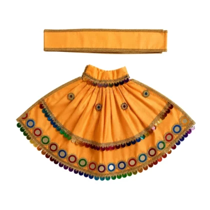 Premium Designer Yellow Satin Mata Rani Lehenga Patka Poshak with Paisley Embroidery and Multicolor Mirror Work for Mata Rani idol shringar