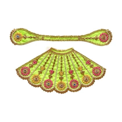 Premium Designer Parrot Green Satin Mata Rani Lehenga Patka Poshak with Floral Zardosi Work, Pearl Work and Matching Mukut for Mata Rani Idol Shringar