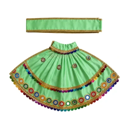 Premium Designer Mint Green Satin Mata Rani Lehenga Patka Poshak with Paisley Embroidery and Multicolor Mirror Work for Mata Rani idol shringar