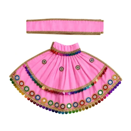 Premium Designer Baby Pink Satin Mata Rani Lehenga Patka Poshak with Paisley Embroidery and Multicolor Mirror Work for Mata Rani idol shringar