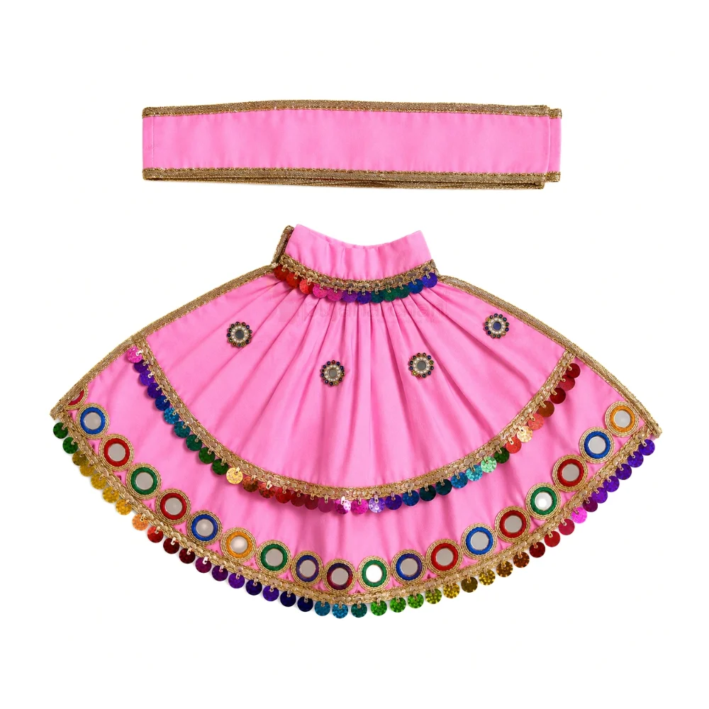 Premium Designer Baby Pink Satin Mata Rani Lehenga Patka Poshak with Paisley Embroidery and Multicolor Mirror Work for Mata Rani idol shringar