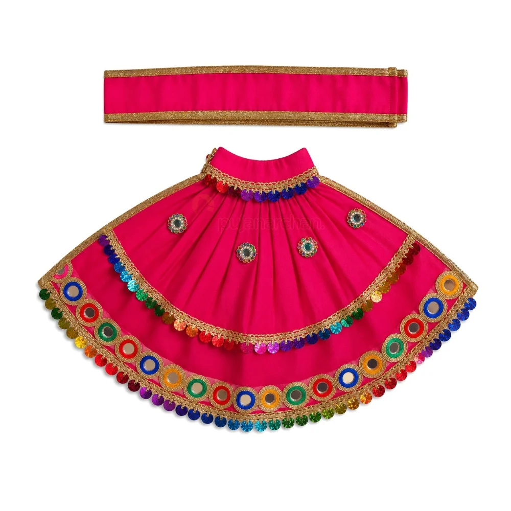 Premium Designer Red Satin Mata Rani Lehenga Patka Poshak with Paisley Embroidery and Multicolor Mirror Work for Mata Rani idol shringar