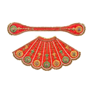 Premium Designer Red Satin Mata Rani Lehenga Patka Poshak with Floral Zardosi Work, Pearl Work and Matching Mukut for Mata Rani Idol Shringar