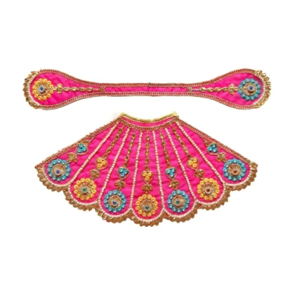 Premium Designer Magenta Satin Mata Rani Lehenga Patka Poshak with Floral Zardosi Work, Pearl Work and Matching Mukut for Mata Rani Idol Shringar