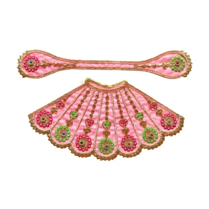 Premium Designer Baby Pink Satin Mata Rani Lehenga Patka Poshak with Floral Zardosi Work, Pearl Work and Matching Mukut for Mata Rani Idol Shringar