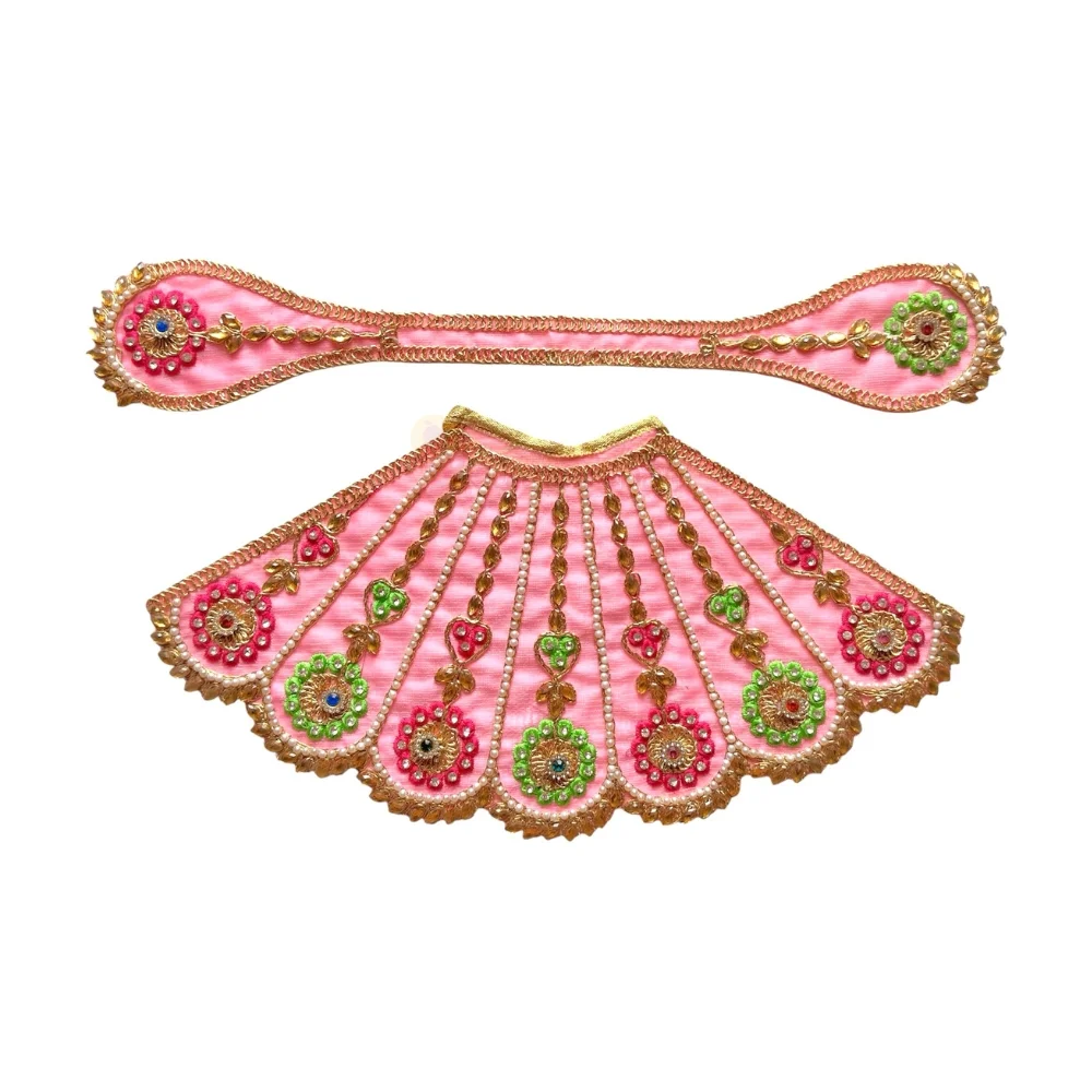 Premium Designer Baby Pink Satin Mata Rani Lehenga Patka Poshak with Floral Zardosi Work, Pearl Work and Matching Mukut for Mata Rani Idol Shringar