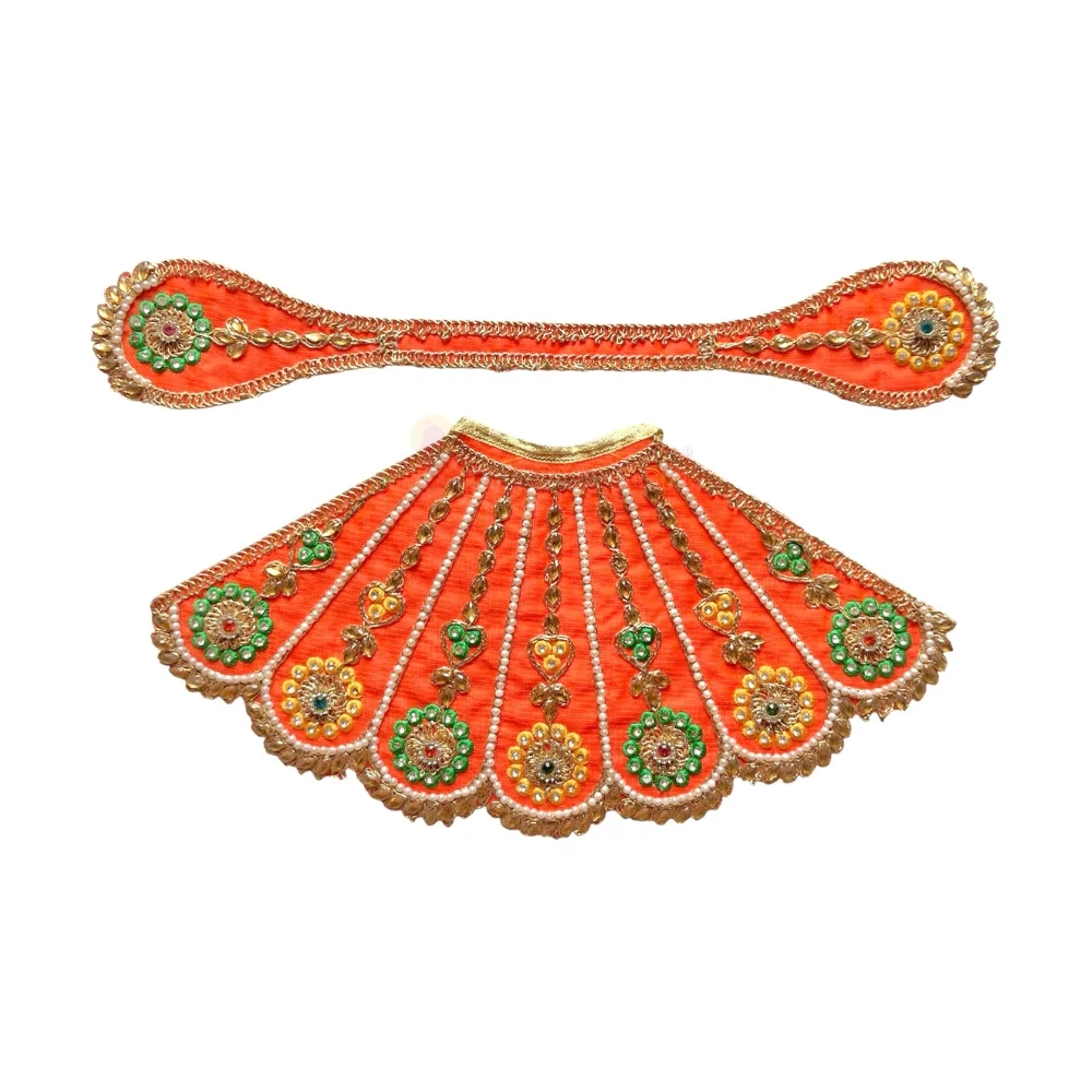 Premium Designer Orange Satin Mata Rani Lehenga Patka Poshak with Floral Zardosi Work, Pearl Work and Matching Mukut for Mata Rani Idol Shringar