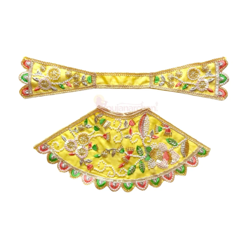Premium Designer Lemon Yellow Satin Mata Rani Lehenga Patka Poshak with Heavy Floral Zardosi, Dabka, Sequins, Beads and Hand Embroidery Work for Mata Rani Idol Shringar