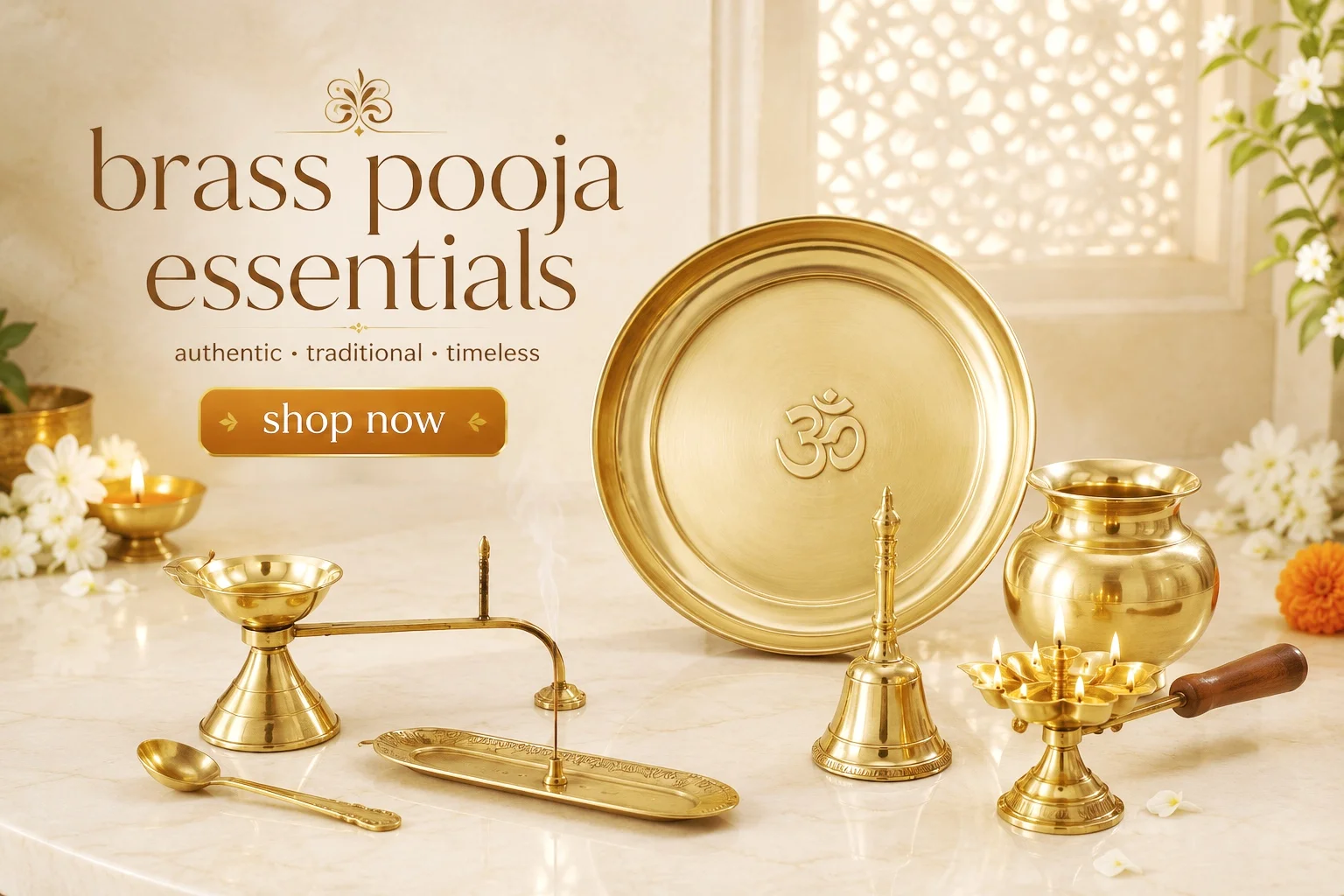 Premium brass pooja essentials collection featuring brass pooja thali, kalash, bell, panch aarti diya, incense holder, spoon, brass oil lamp, and traditional Hindu prayer accessories for home temple.