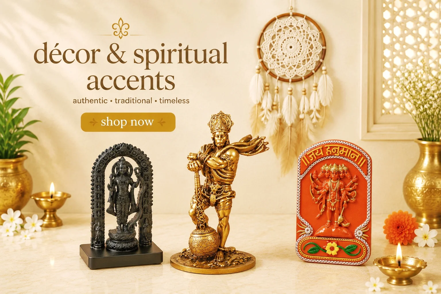 Premium home décor and spiritual accents collection featuring brass Hanuman idol, black stone deity statue, Jai Hanuman wall plaque, handcrafted dream catcher, brass diyas, and decorative indoor plants for pooja room and home décor.
