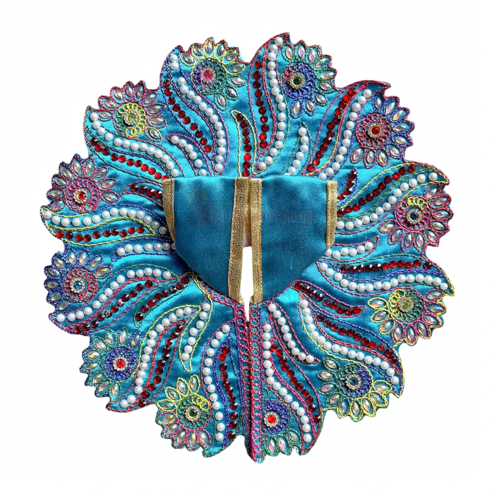 Peacock Blue Floral Laddu Gopal poshak with pearl and multicolor floral embroidery