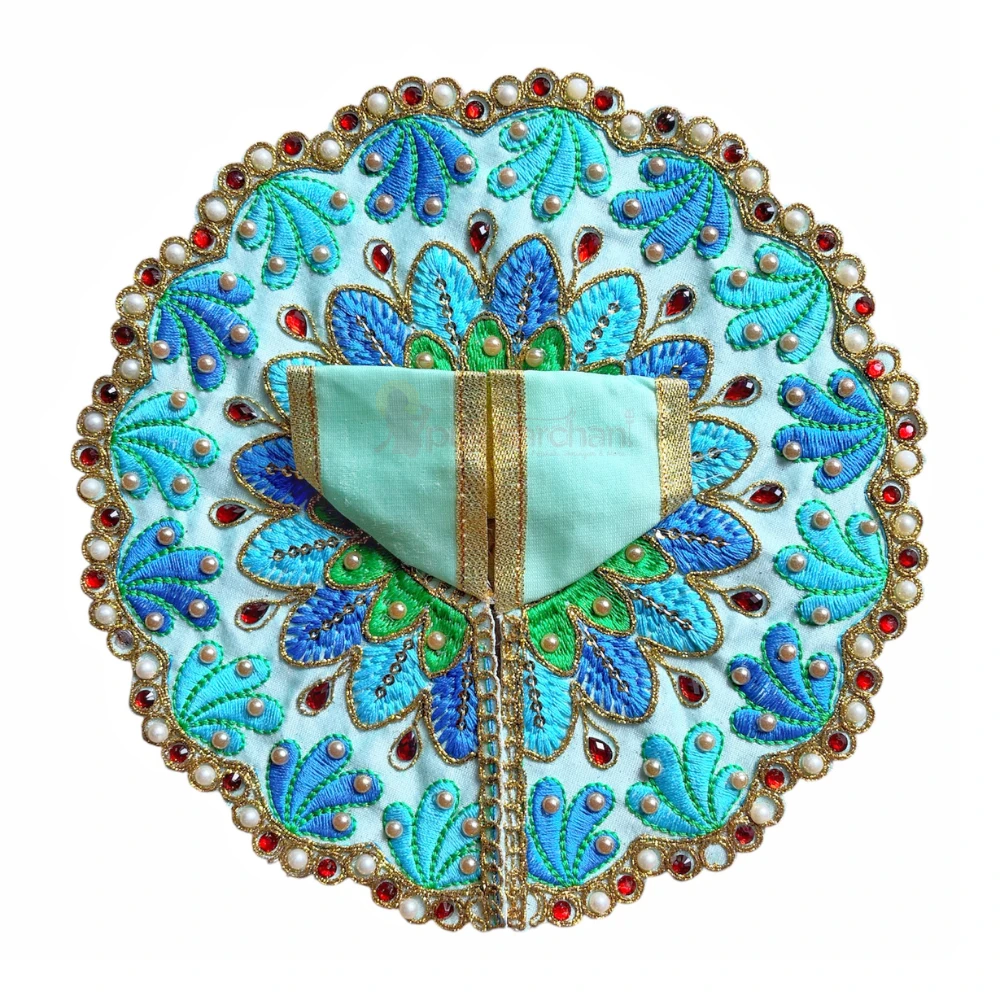 Aqua Blue Floral Laddu Gopal Poshak with Pearl, Red Stone and Multicolor Embroidery Work