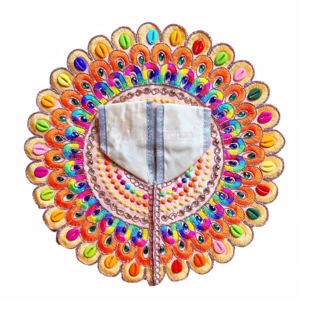 Peach Peacock Design Laddu Gopal Poshak with Crystal Stone, Pearl and Multicolor Embroidery