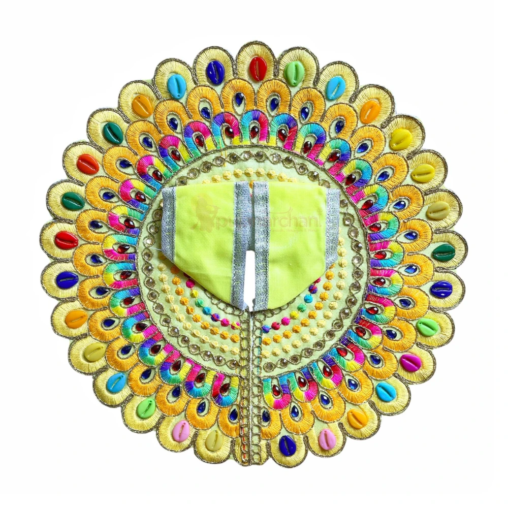 Lemon Yellow Peacock Design Laddu Gopal Poshak with Crystal Stone, Pearl and Multicolor Embroidery