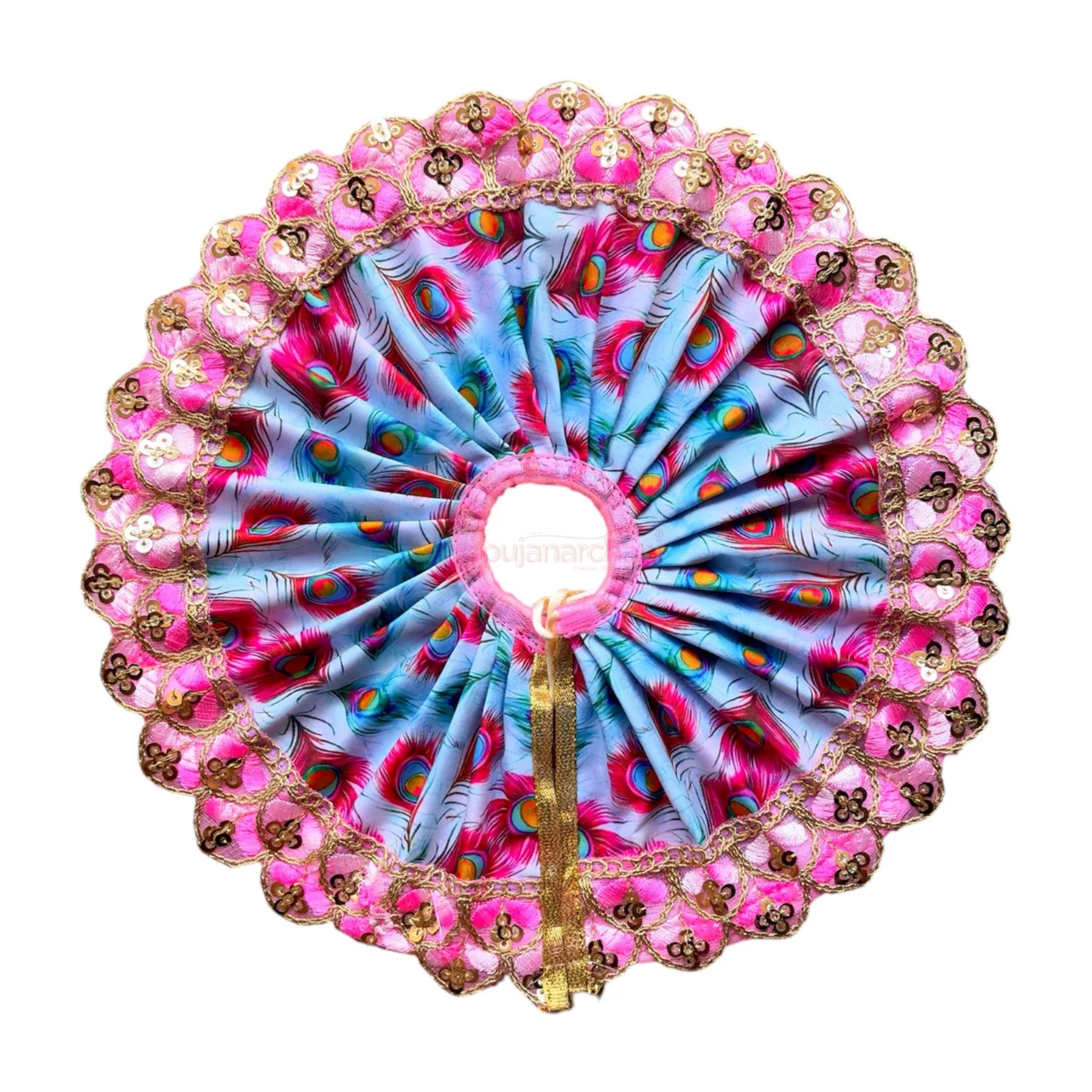 Designer pink and sky blue peacock feather Laddu Gopal poshak with embroidered border