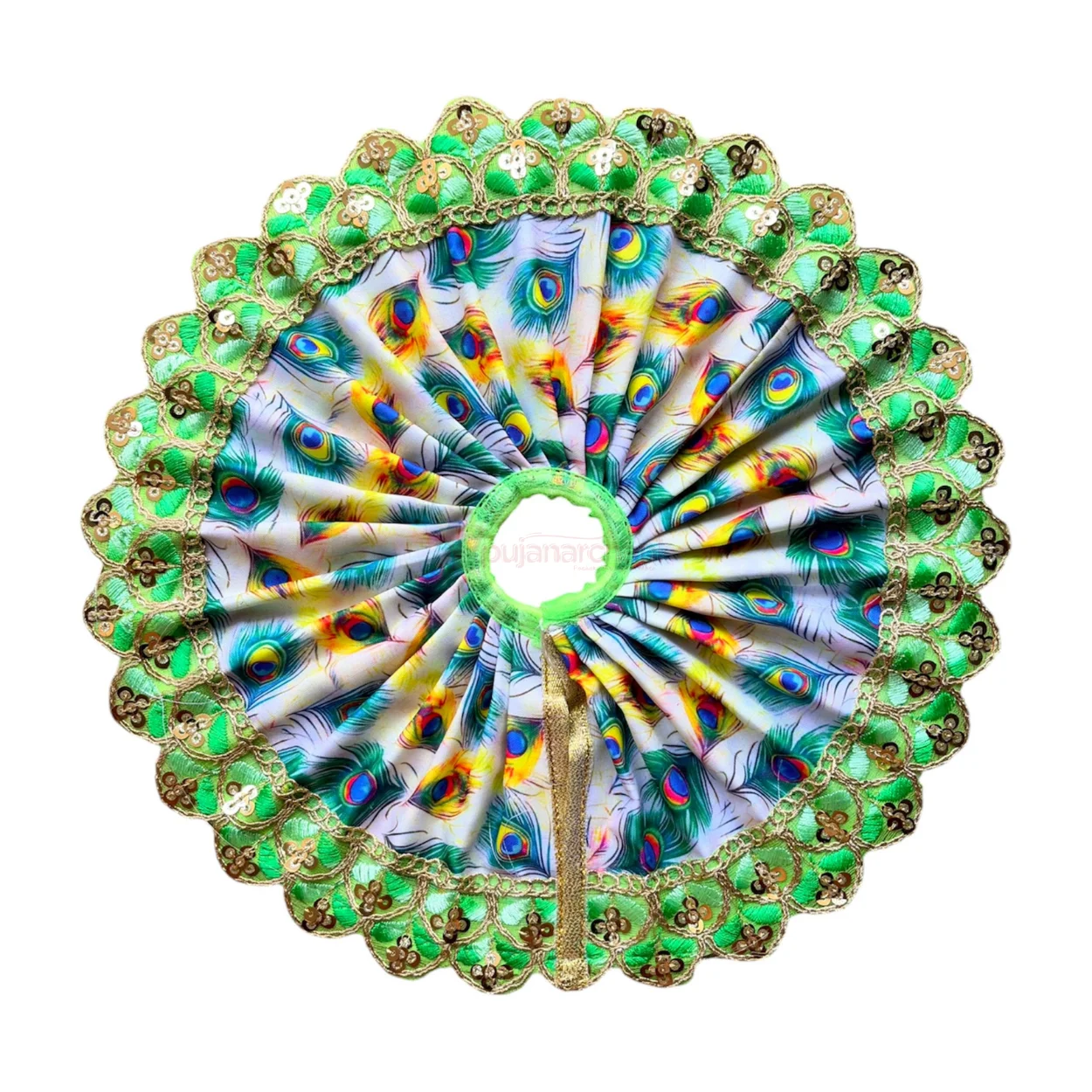 Designer green and white peacock feather Laddu Gopal poshak with embroidered border