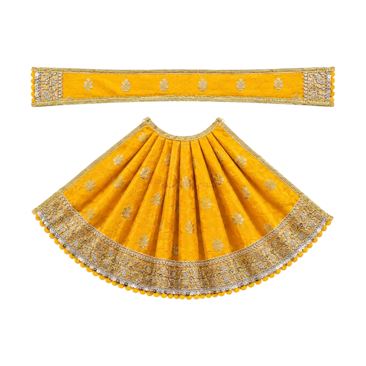 Yellow Maa Durga Poshak with floral designer lehenga and matching patka