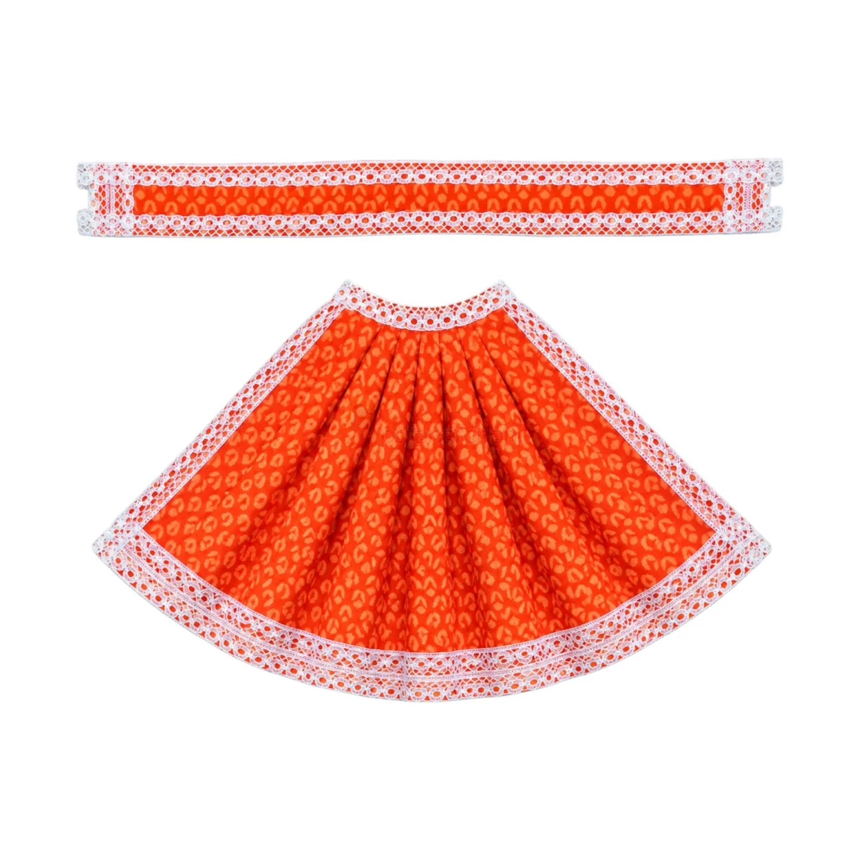 Orange Maa Durga Poshak with traditional patterned lehenga and matching patka
