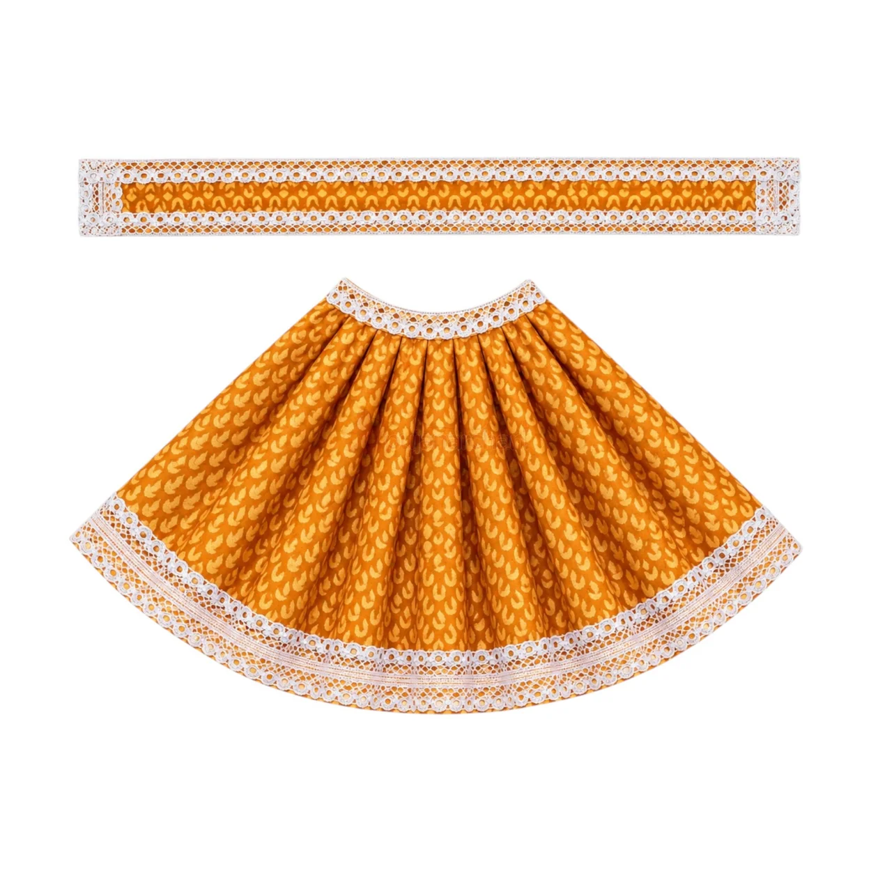 Mustard Yellow Maa Durga Poshak with traditional patterned lehenga and matching patka