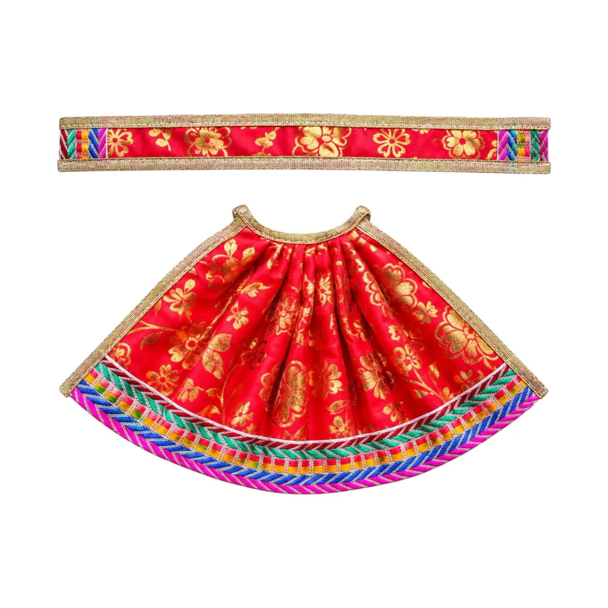 Red Maa Durga Poshak with floral printed lehenga and matching patka