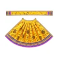 Yellow Maa Durga Poshak with floral printed lehenga and matching patka