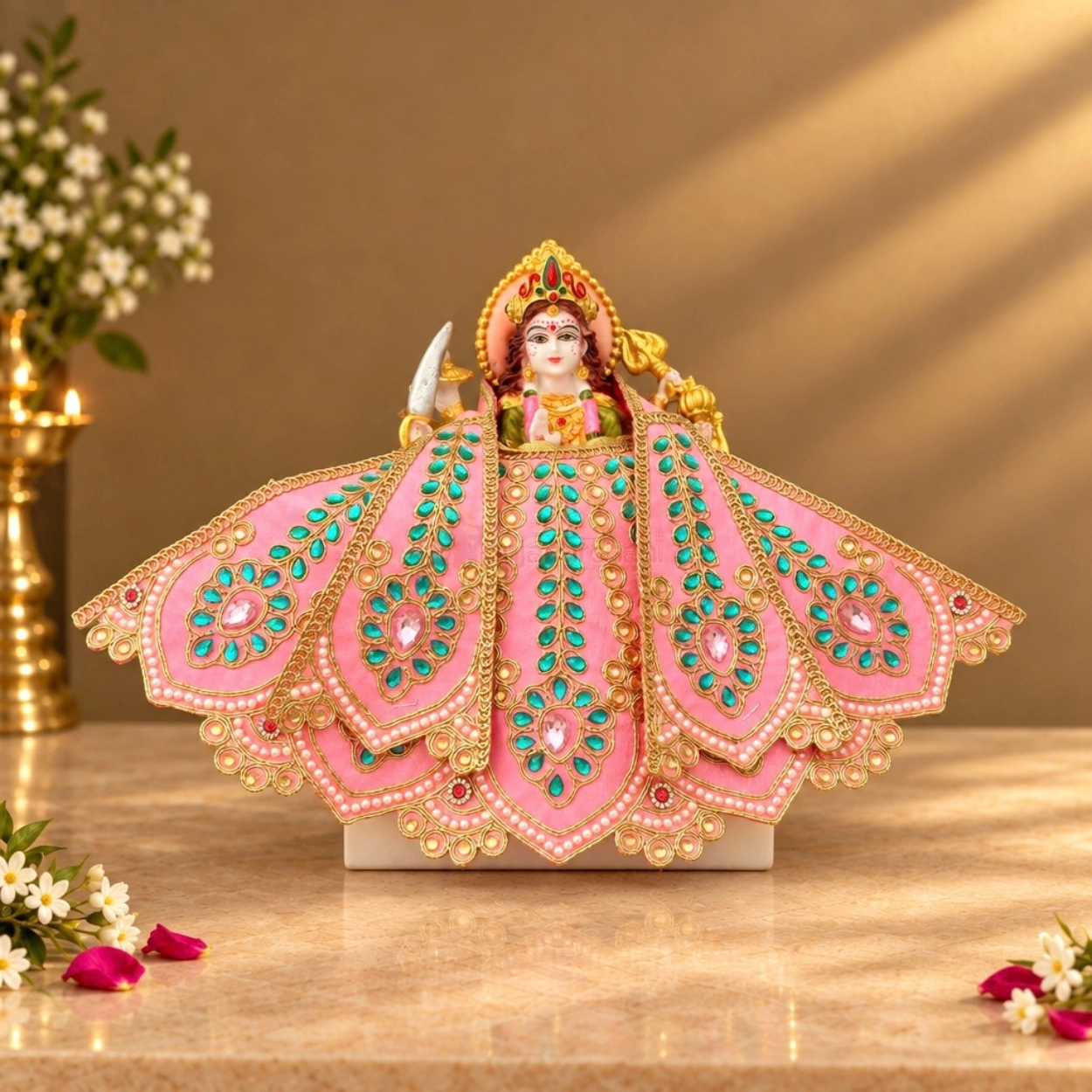 Designer Baby Pink Mata Rani Lehenga Patka Poshak | Maa Durga Dress with Sequins, Moti, & Stone Work