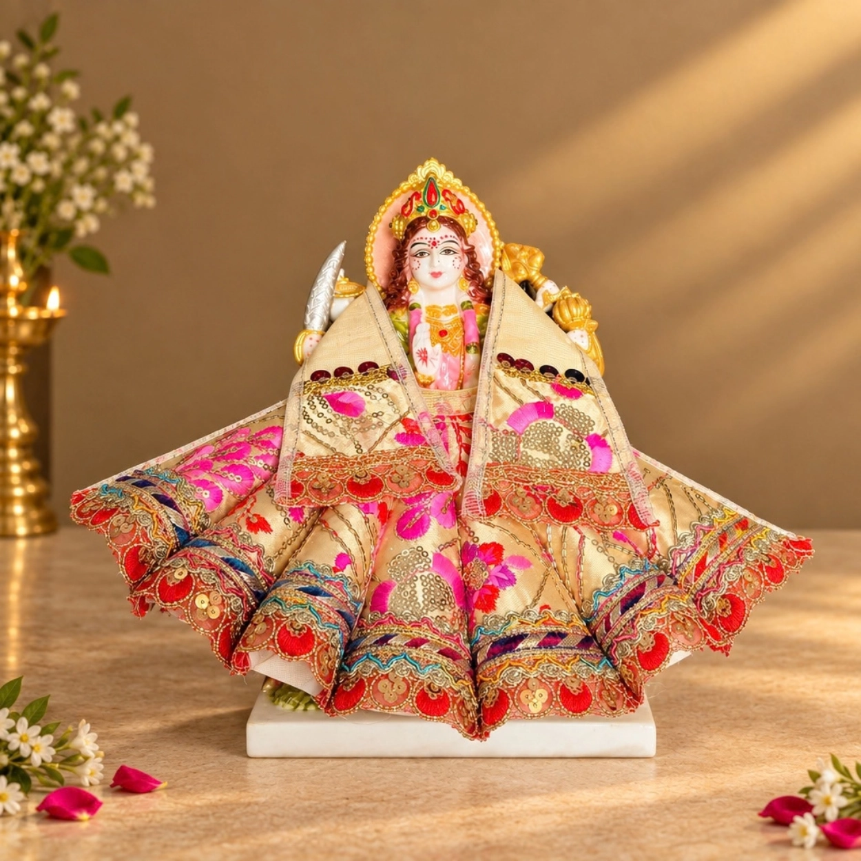 Designer Cream Mata Rani Poshak Set | Heavy Cone Lehnga & Patka for Navratri