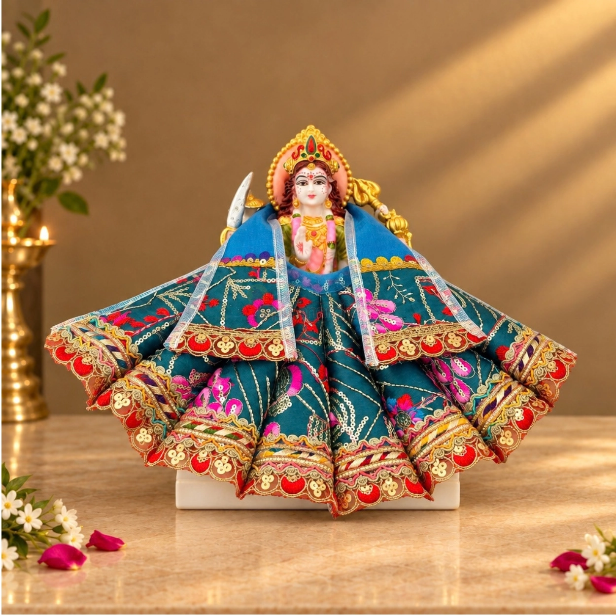 Designer Teal Blue Mata Rani Poshak Set | Heavy Cone Lehnga & Patka for Navratri